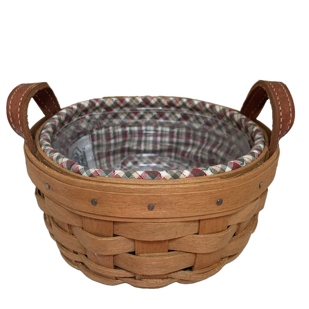 2004 Longaberger 6" Saffron Basket w/leather handles~Plaid Liner~Protector~ - Picture 1 of 5